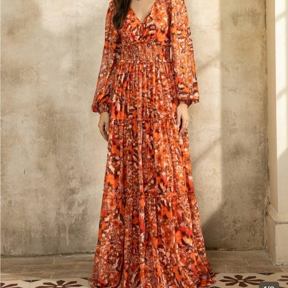 Elegant Orange Patterned Maxi Dress. New.
